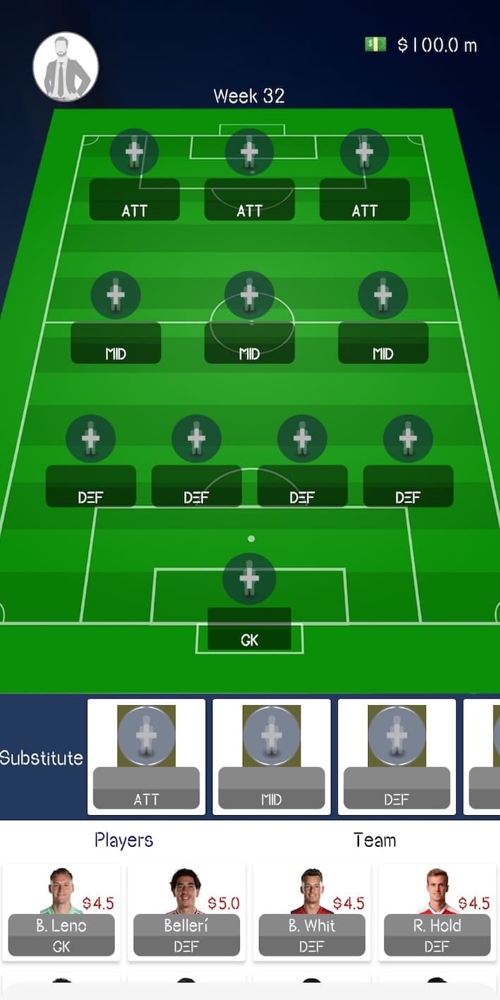 Fantasy Football League team screen before picking players