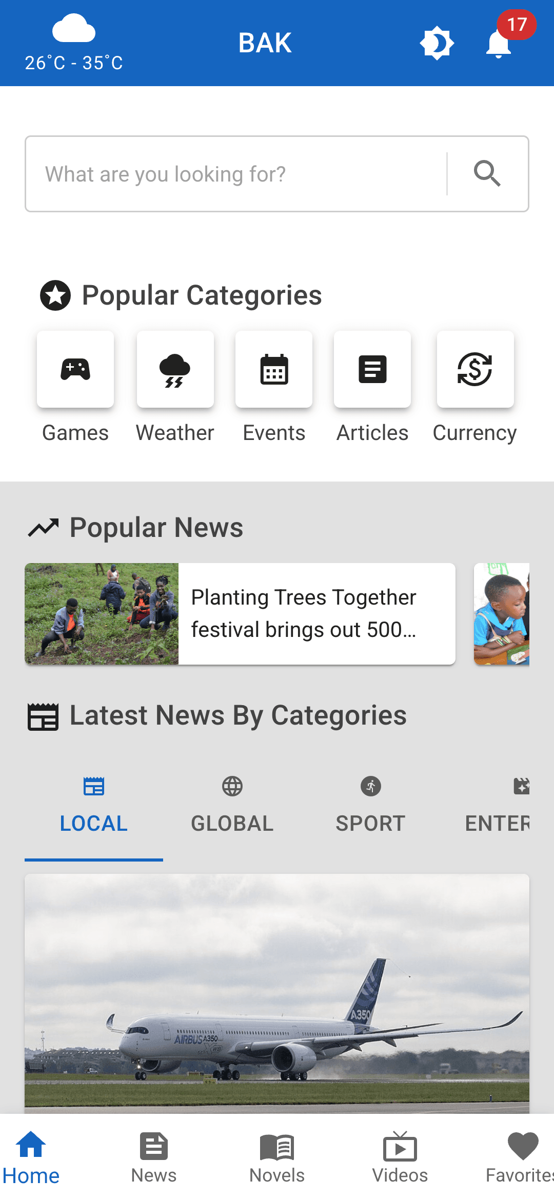 Infotainment home screen: weather, search, popular categories, popular news and the latest news by category