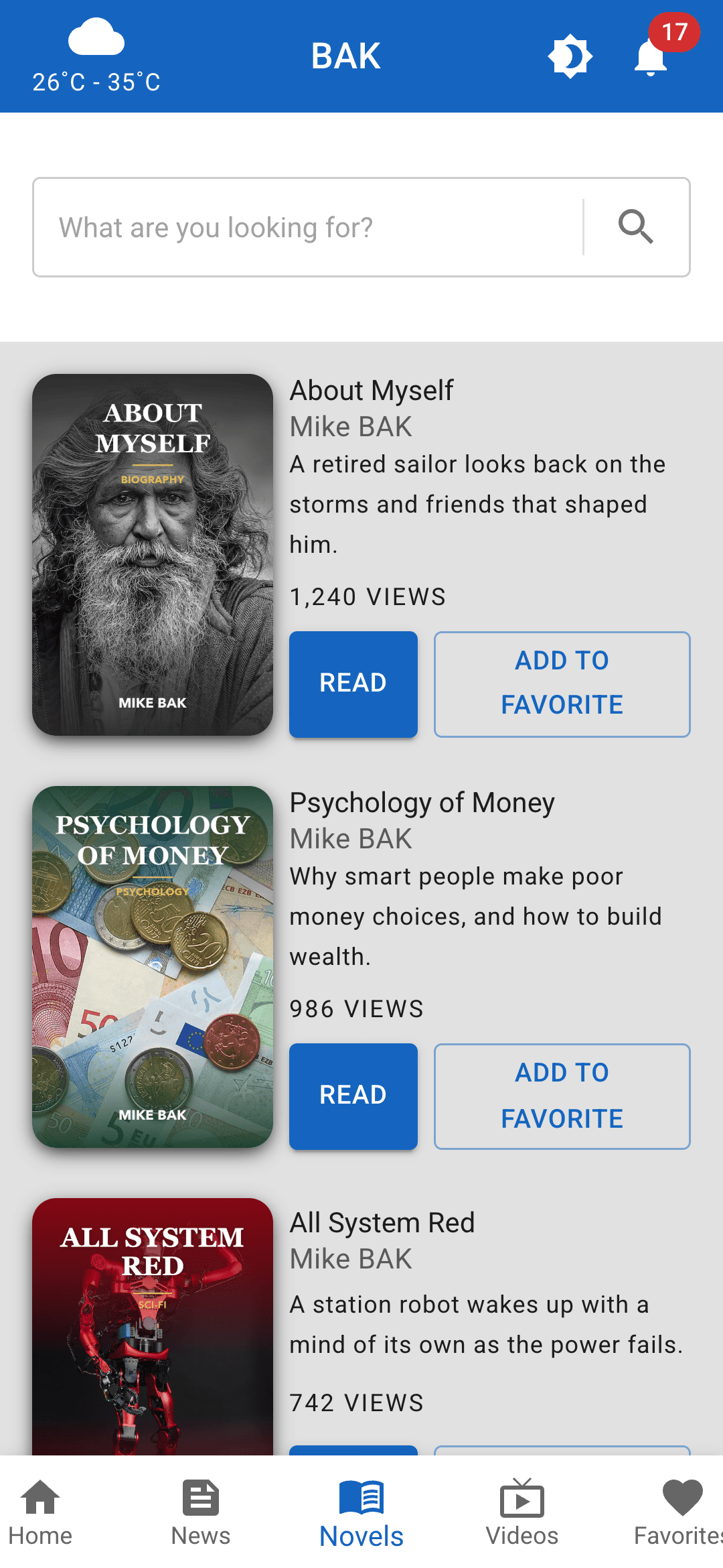 Infotainment novels tab: book covers with each title, author, a short blurb, view counts, and buttons to read or add to favorites