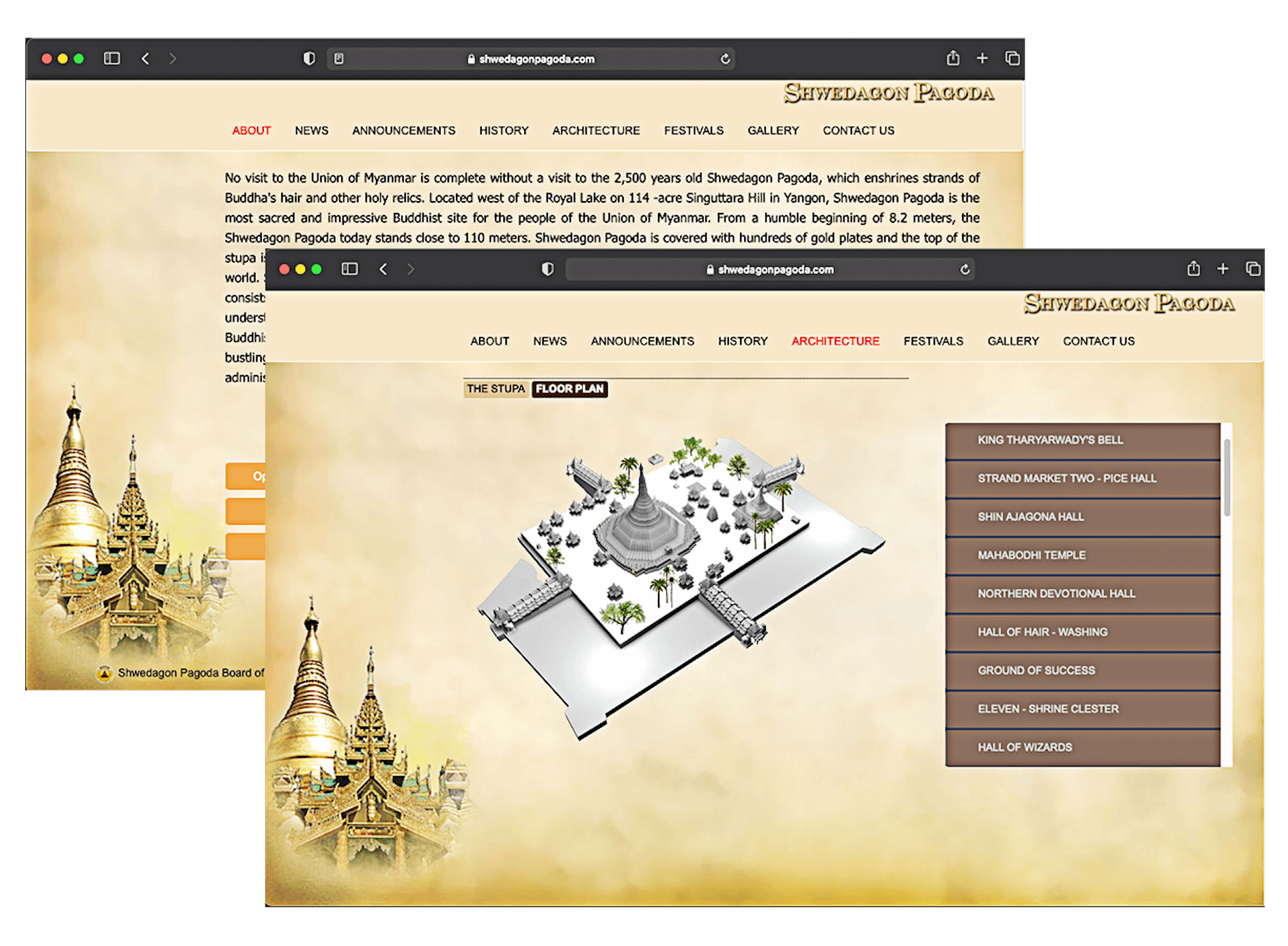 Shwedagon Pagoda website: the About page and the interactive floor plan